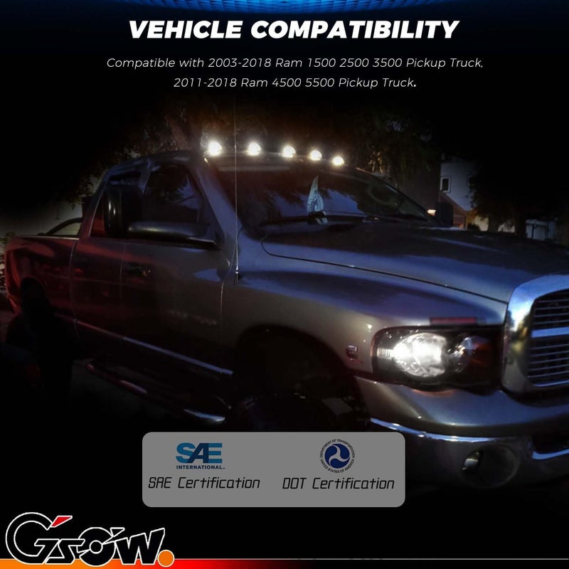 GSOWO 5 PCS White LED Cab Lights Smoked Cab Roof Running Top Marker light for Dodge Ram 1500 2500 3500 4500 5500 2003-2018 Pickup Trucks, Waterproof LED cab Roof Lights for Trucks, 16 LEDs - Image 5